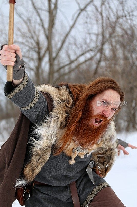 Angry Attacking Medieval Winter Snow Viking Warrior, Animal Pelt, Ax